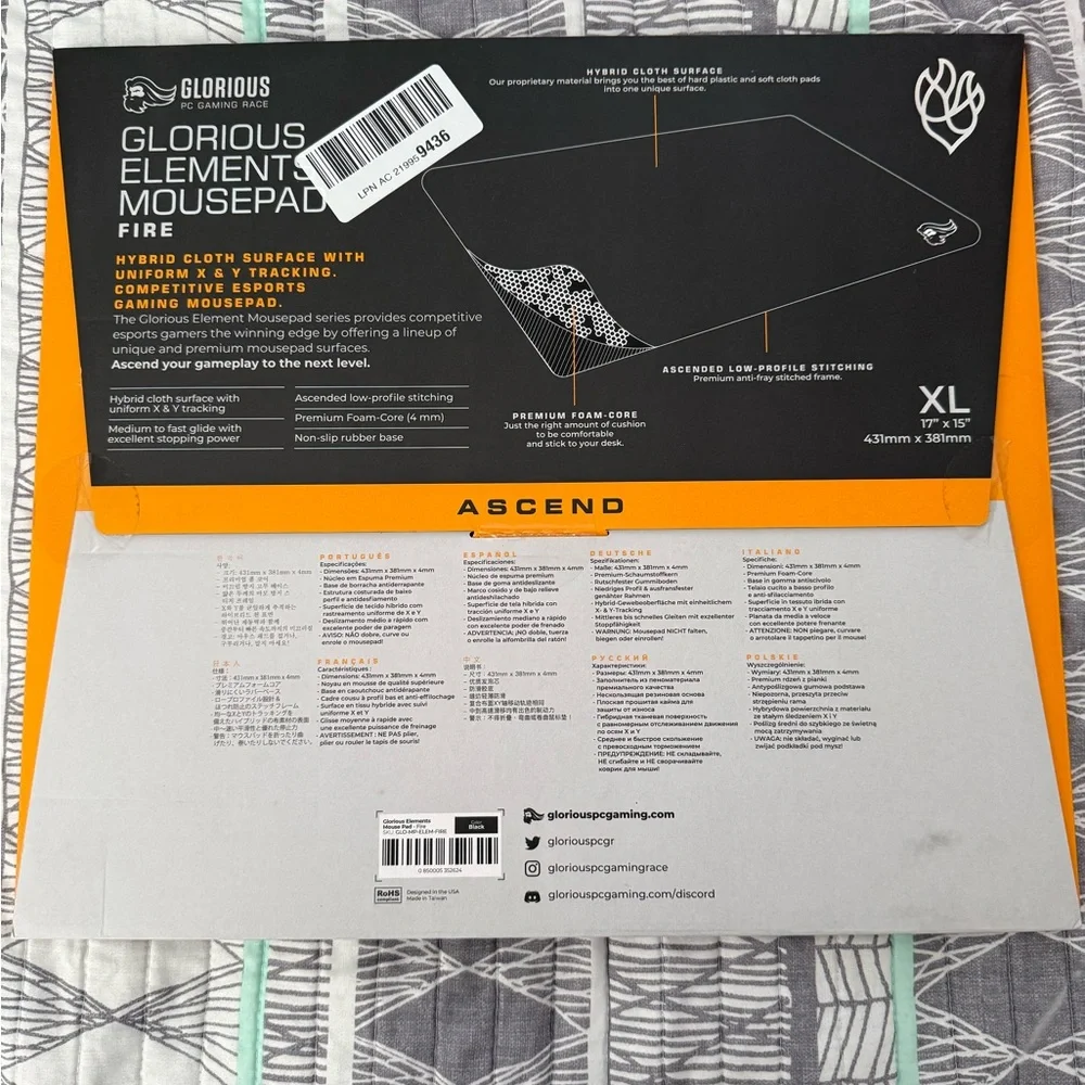 Glorious Elements Fire Mousepad XL 17” x 15” Extra Large Gaming Mouse Pad